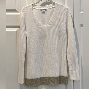 Liz Claiborne V-neck Knit Cotton Blend Sweater with Gold Trim, M